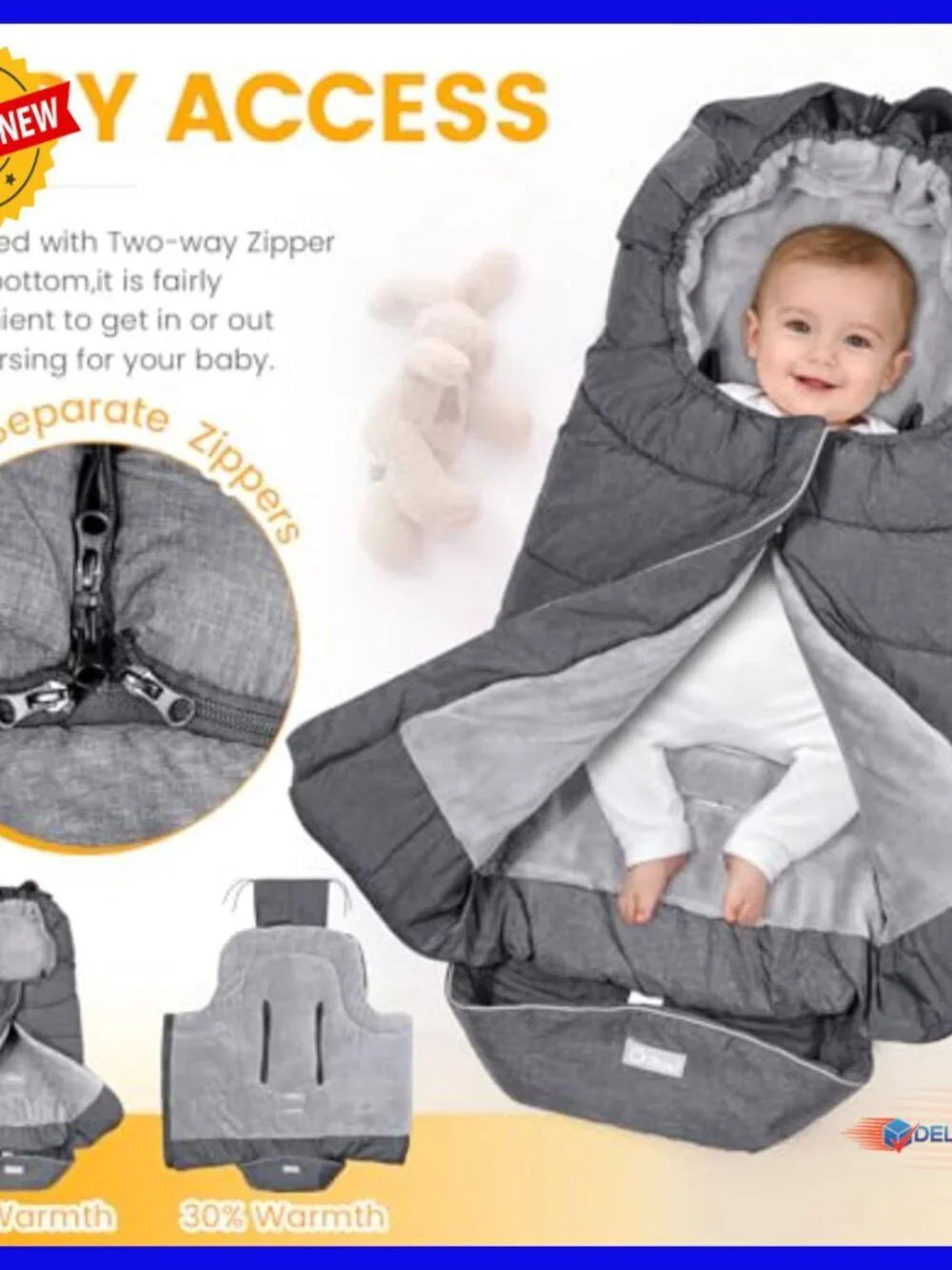 Winter Stroller Footmuff Bunting Bag with Coral Fleece Lining Water-Repellent